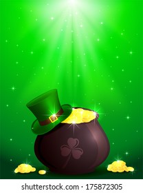 Hat and pot with leprechauns gold on shiny green background, illustration.