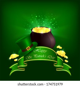 Hat, pot with leprechauns gold and ribbon on green background, illustration.