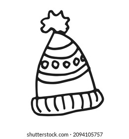 Hat with a pumpon. Black and white doodle. Vector element isolated on white background.