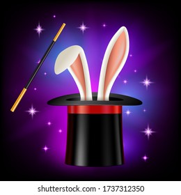 Hat with rabbit ears and magic wand on dark background. Magician or illusionist items, vector illustration in flat style. Video game, moile app, children book design element