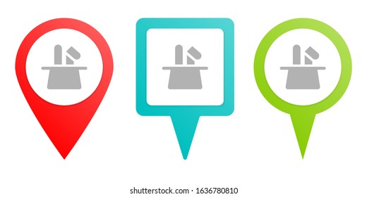 hat, rabbit. Multicolor pin vector icon, diferent type map and navigation point.