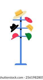 Hat Rack With Assorted Hats In Flat Vector Illustration Symbolizing Accessories, Fashion, And Organization, Isolated On White Background