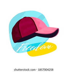 Hut. Rote Mütze auf abstraktem Hintergrund und das Wort Freiheit. Der Designer druckt auf einem T-Shirt. Vektorgrafik auf weißem, isoliertem Hintergrund.