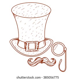 Hat, red mustache and a monocle. Illustration for congratulations on St. Patrick's day.