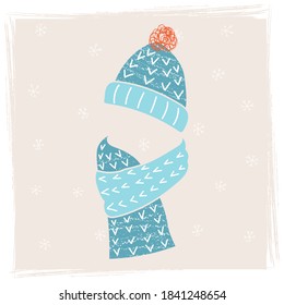 Hat with a red pompom and knitted scarf made of warm yarn. Set of warm knitted clothing for the cold season. Winter accessories in Scandinavian style in blue tones. Vector illustration hand drawing.