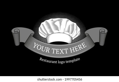 Chief’s hat with ribbon. Restaurant or cafe logo template. White on black. Stock vector illustration.