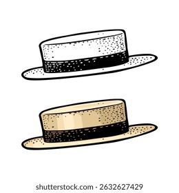 Chapéu com Fita. Ilustração de gravura a cores vintage. Isolado no fundo branco. Elemento de design desenhado à mão para cartaz