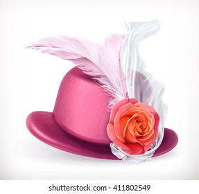 Hat with rose and feathers, vector icon