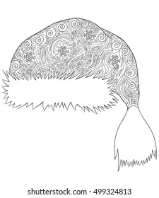 Hat Santa Claus in doodle style with Boho patterns. Adult anti-stress coloring book.