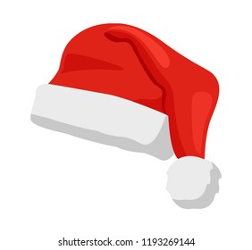 Hat of Santa Claus in red color, traditional costume element for winter character, cap with fur, vector illustration isolated on white background.