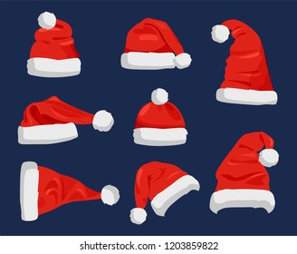 Hat of Santa Claus in red color, traditional costume element for winter character, cap with fur, vector illustration isolated on blue background.