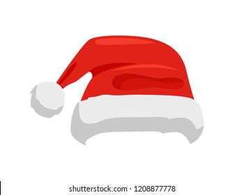 Hat of Santa Claus in red color, traditional costume element for winter character, cap with fur, vector illustration isolated on white background.