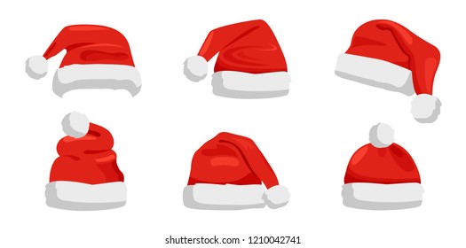 Hat of Santa Claus in red color, traditional costume element for winter character, cap with fur, vector illustration isolated on white background.