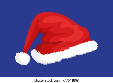 Hat of Santa Claus of red color, part of traditional costume of winter character, closeup of cap, vector illustration isolated on blue background