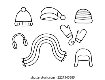 Hat and scarf in cold weather, line doodle sketch set. Hand drawn hats and scarves, Christmas cap, headphones. Headdress clothes for winter. Vector illustration