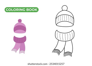 Hat and scarf coloring book for kids. Vector illustration of warm autumn and winter clothes. Black and white contour drawing of headdress. Hand drawn sketch doodle style