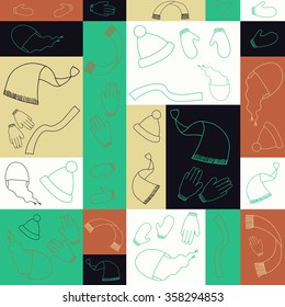 hat, scarf and mitten or gloves - winter abstract pattern. Sketch style vector pattern with geometric elements.