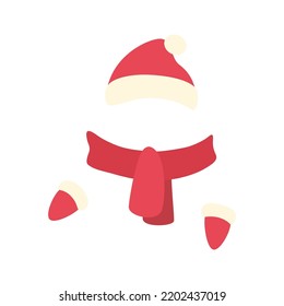 Hat, scarf and mittens set. Red Santa knitted woolen clothes. Vector illustration isolated in white background