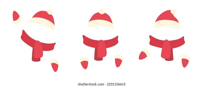 Hat, scarf and mittens set. Red Santa knitted woolen clothes. Vector illustration isolated in white background
