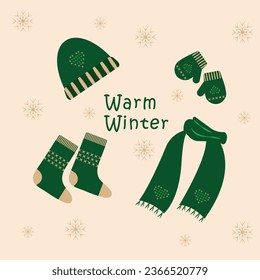 Hat, scarf, mittens, socks. Cute colorful set of warm knitted clothes. Winter-autumn accessories. Collection of seasonal clothing elements. Vector illustration