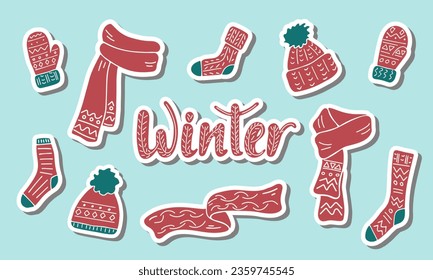 Hat, scarf, mittens, socks sticker. Cute warm knitted clothes. Collection of winter autumn cozy outerwear. Set of seasonal stickers for design. Isolated clothing elements