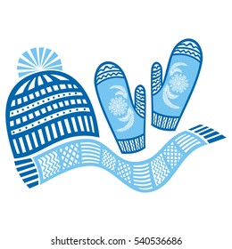 Hat scarf mittens. Vector illustration.
