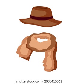 Sombrero y conjunto de pañuelos de ropa. Estilo de ropa informal, ropa de otoño. Icono para sitio web, aplicación sobre ropa, venta de caída. Ilustración plana vectorial, estilo de dibujos animados.