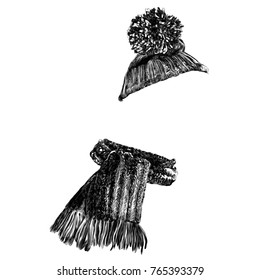 hat and scarf set winter clothes sketch vector graphics monochrome black-and-white drawing