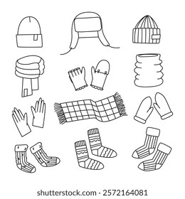 Hat, scarf, socks and mittens. Set of accessories for warmth. Line drawing, flat vector illustration, eps10