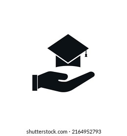 Hutschule auf der Hand Symbol. Vektorgrafik auf weißem Hintergrund.