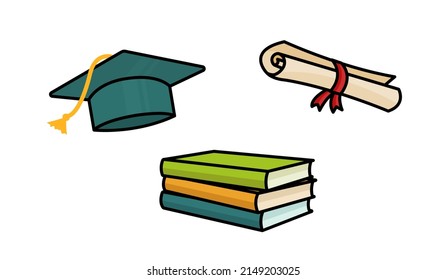 hat, scroll, books, graduation icon set, end of school day, graduation ceremony drawing clip-art, doodle vector elements, black outline