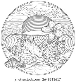 Hat and sea shells on the seashore in a round frame.Coloring book antistress for children and adults. Illustration isolated on white background.Zen-tangle style. Hand draw
