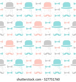 Hat seamless pattern background. Soft blue, grey and pink colored background. Men's style for card, invitation, placard, album, scrapbook, textile fabric, garment etc