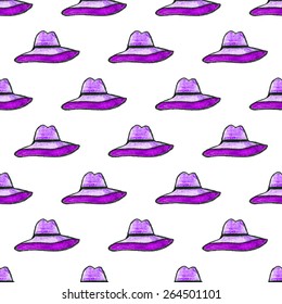 Hat. Seamless watercolor pattern with hats on the white background, aquarelle. Vector illustration. Hand-drawn decorative element. Real watercolor painting