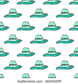 Hat. Seamless watercolor pattern with hats on the white background, aquarelle. Vector illustration. Hand-drawn decorative element. Real watercolor painting