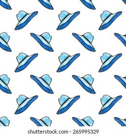 Hat. Seamless watercolor pattern with hats on the white background, aquarelle. Vector illustration. Hand-drawn decorative element. Real watercolor painting