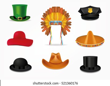 Hat set with black cylinder hat, Mexican sombrero, Cowboy hat, Indian Headdress with feathers, police hat, Patrick hat and woman hat. 