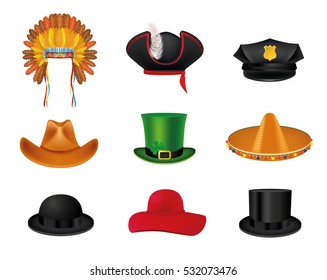 Hat set with black cylinder, Mexican sombrero, Cowboy hat, Indian Headdress with feathers, police and Patrick hat, Pirate and woman hat.