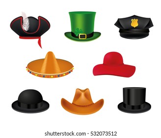 Hat set with black cylinder, Mexican sombrero, Cowboy hat, Indian Headdress with feathers, police and Patrick hat, Pirate and woman hat.