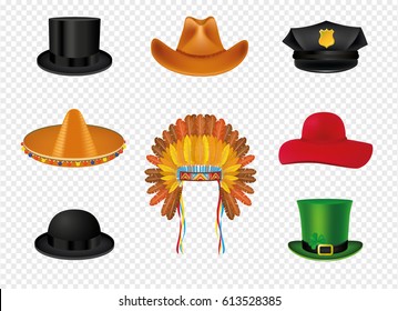 Hat set with black cylinder hat, Mexican sombrero, Cowboy, Indian Headdress with feathers, police,  Patrick and woman hat.