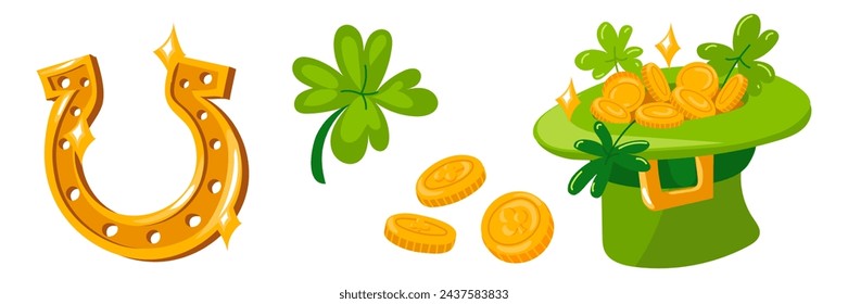 A hat set with coins, clover and a golden horseshoe for St. Patrick's Day. Isolated vector objects for good luck, for wealth for a holiday. Green and gold are the main colors of the Irish holiday