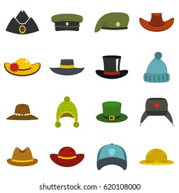 Iconos de colección de conjuntos de sombreros. Ilustración plana del logotipo del conjunto de vectores aislado en fondo blanco