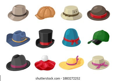 Hat set, elegant fashionable head wear accessory collection. Headdress clothing. Vector flat style cartoon illustration isolated on white background