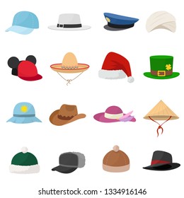 Hat set. Various hats collection. Cap, turban, sombrero, themed, uniform, winter hat, etc. Isolated vector illustration