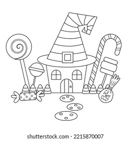 Hat shape Halloween haunted house with candies and sweets vector illustration cartoon. Cute Halloween vector cartoon on white background. 