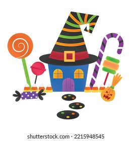 Hat shape Halloween haunted house with candies and sweets vector illustration cartoon. Cute Halloween vector cartoon on white background. 