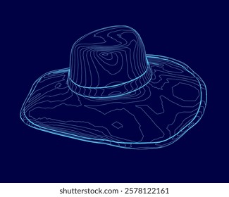 Hat is shown in a blue background. The hat is a straw hat with a band