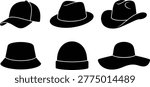 Hat silhouette icons set featuring baseball cap fedora cowboy hat beanie and sun hat in minimal black vector style