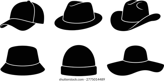 Hat silhouette icons set featuring baseball cap fedora cowboy hat beanie and sun hat in minimal black vector style