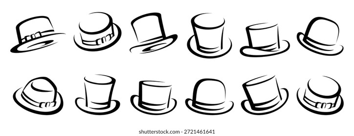 Silhuetas de chapéu, chapéu de topo preto definir vetor. Ilustração vetorial.